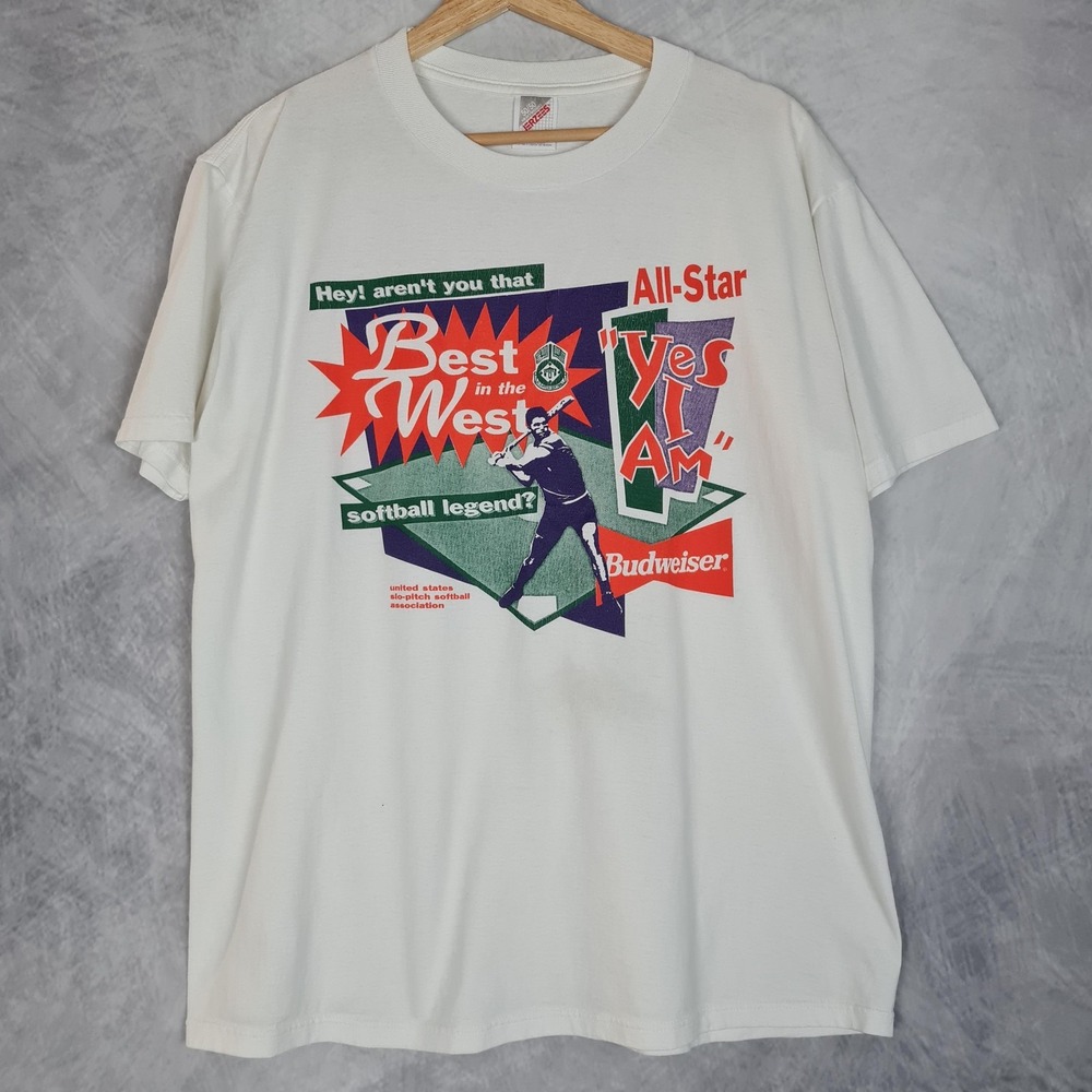 Vintage Budweiser Best In The West Shirt Mens Large White Softball Jerzees USA